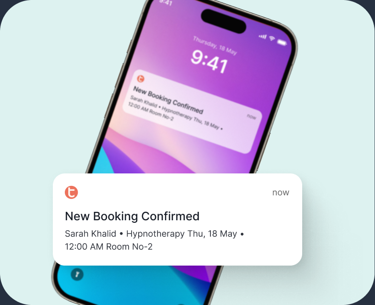 Phone lock screen with a Telme notification: New Booking Confirmed - Sarah Khalid, Hypnotherapy